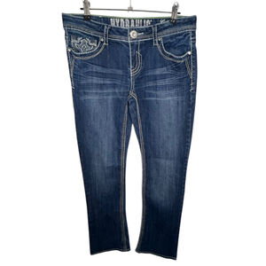 Hydraulic Slim Bootcut Dark Wash Contrast Stitch Jeans With Embellished Pockets